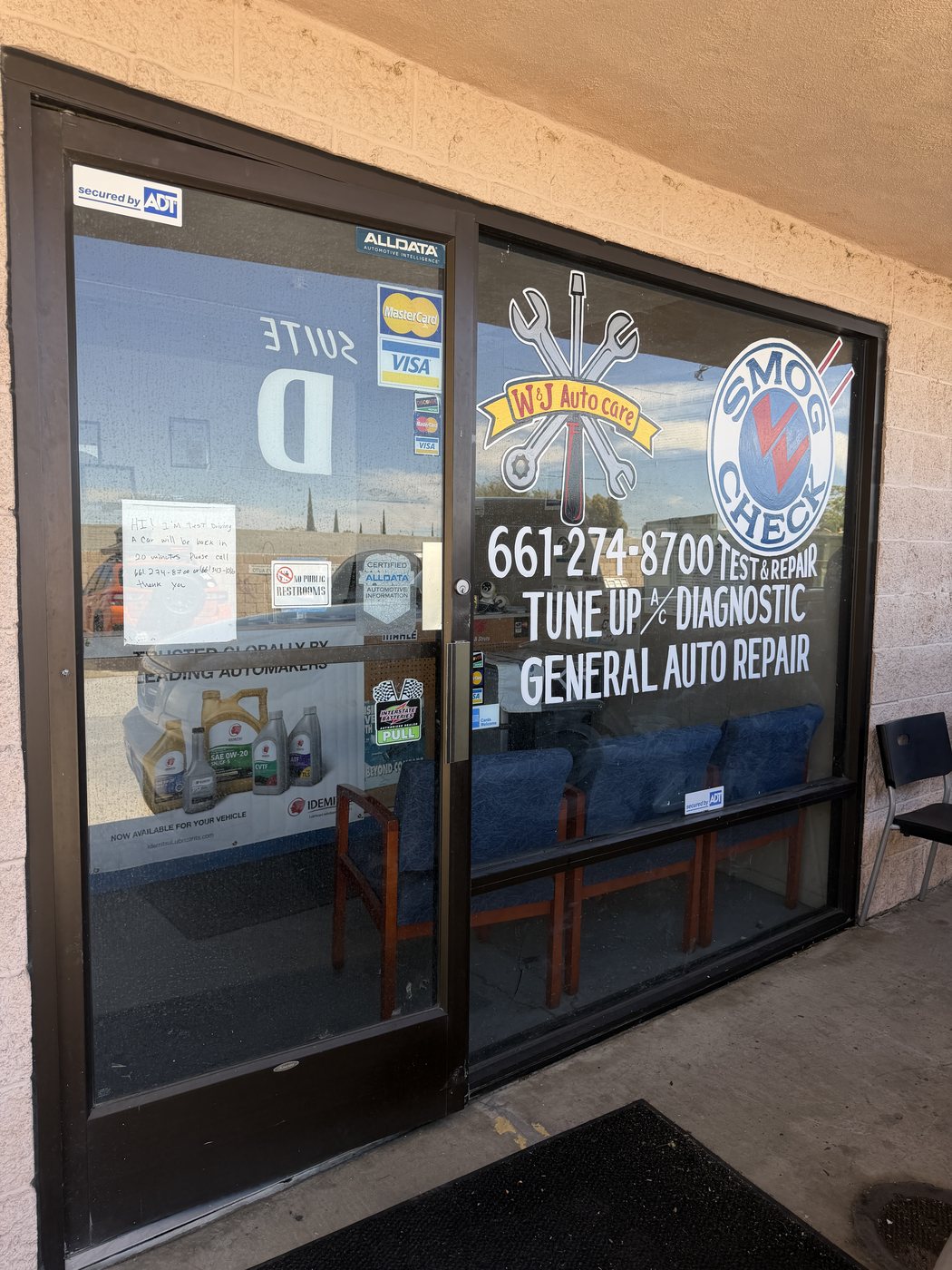 The front entrance of W & J Auto Care in Palmdale